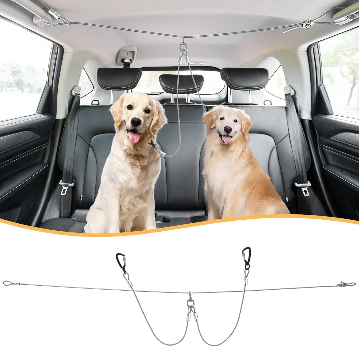Heavy Duty Dog Safety Leash System, 360 Degree Swivel Clip, for Dogs Up to 500LBS xx - Great for Driving (Silver for 2 Dogs)