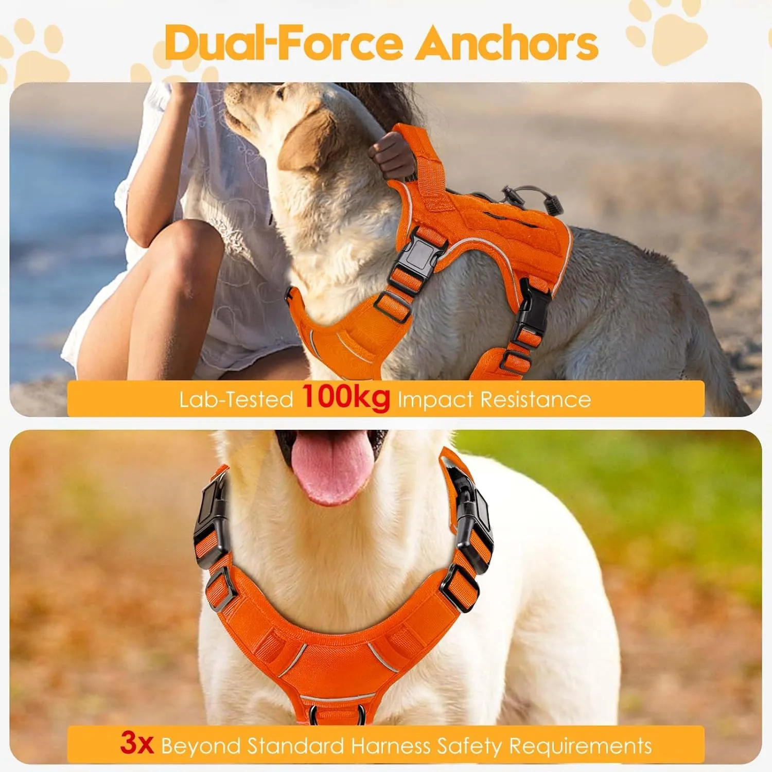 Heavy-Duty Tactical Dog Harness for Large Dogs, No Pull Adjustable Reflective Pet Vest with Molle System, K9 Military-Grade Control for Service Training, Outdoor & 10  Breeds, Orange, X-Large