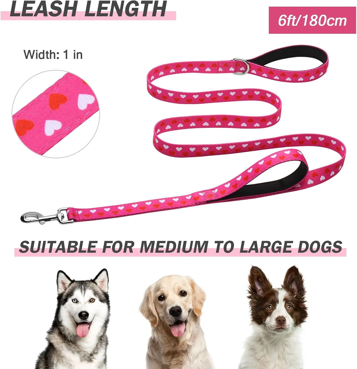 Hikiko Double Handle Dog Leash 6 Ft for Medium Large Dogs Padded Traffic Handles Lead for Walking Training (Pink Love)