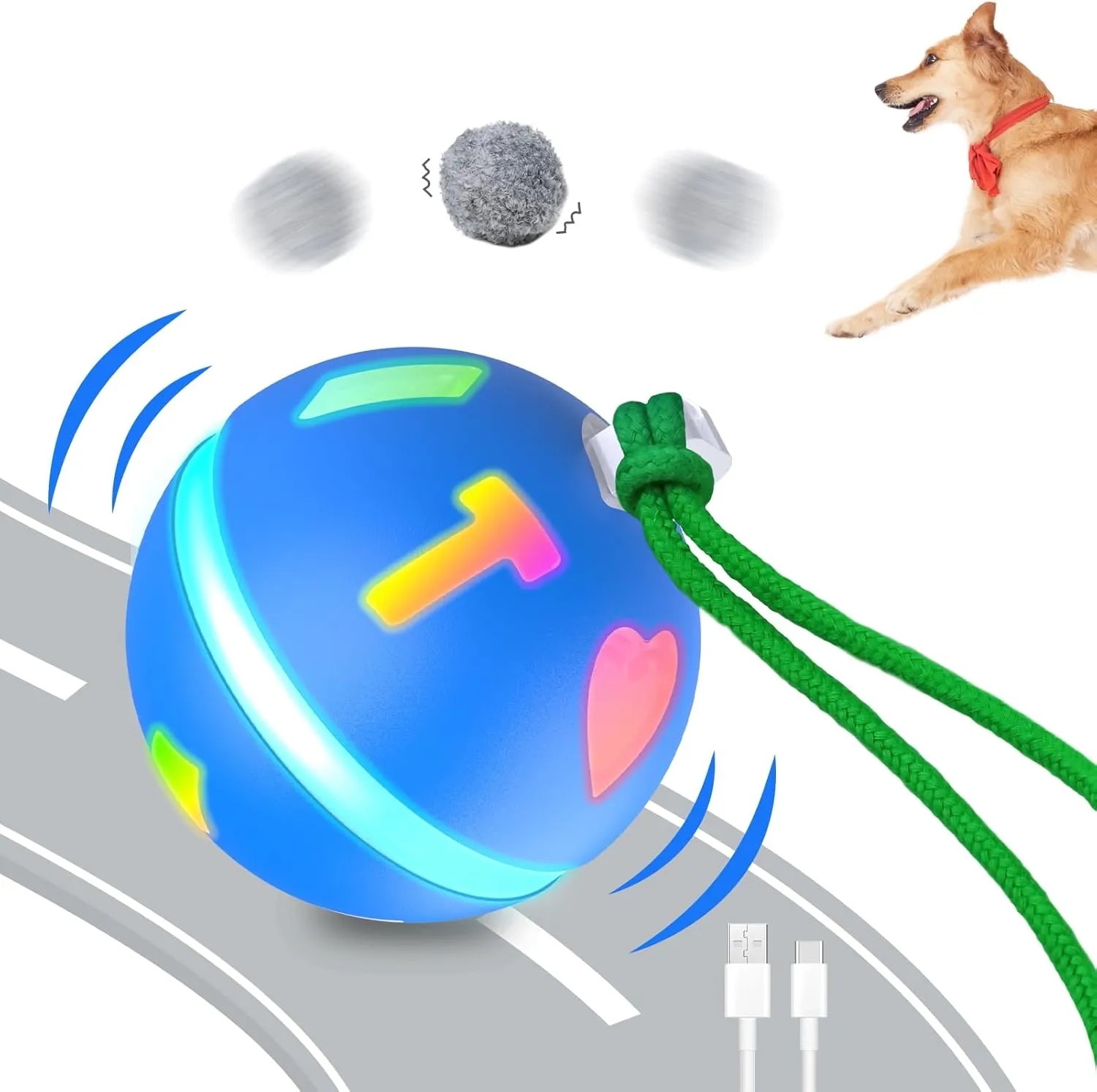 Interactive Dog Ball Toys, Dog Rolling Balls for Indoor/Outdoor Puppy, Motion Activated Automatic Moving Dog Toy with Rope and Plush Cover for Small/Medium/Large Dogs, USB Rechargeable