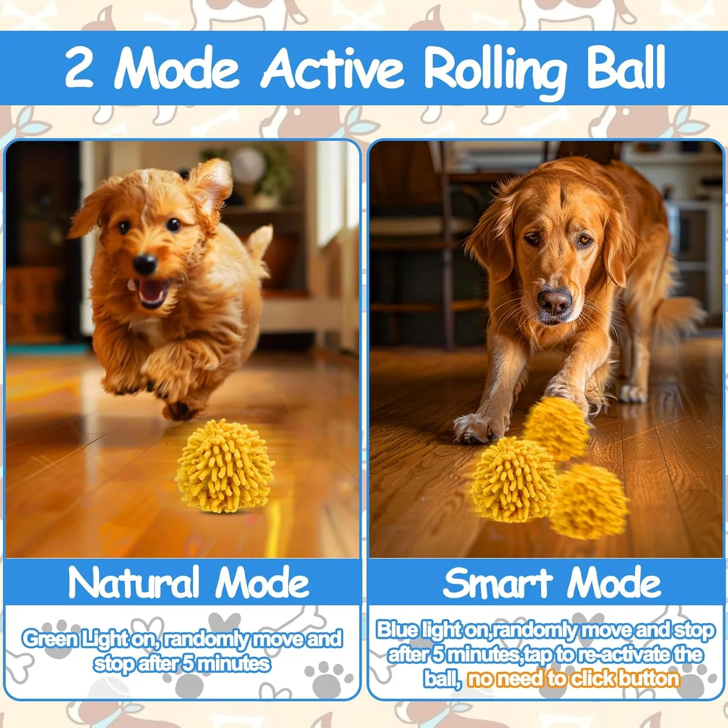 Interactive Self-Rolling Dog Toy, Anti-Chewer for Small/Medium Puppies, Motion Activated Enrichment Ball