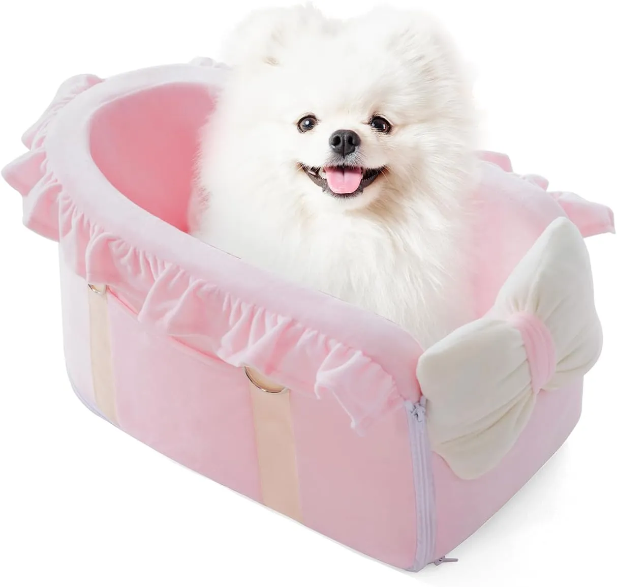 Jaoul Dog Car Seat - Detachable, Adjustable Straps Center Console - Comfortable Bow Design Pet Booster Seat for Small Dogs, Puppy, Cat (Pink)