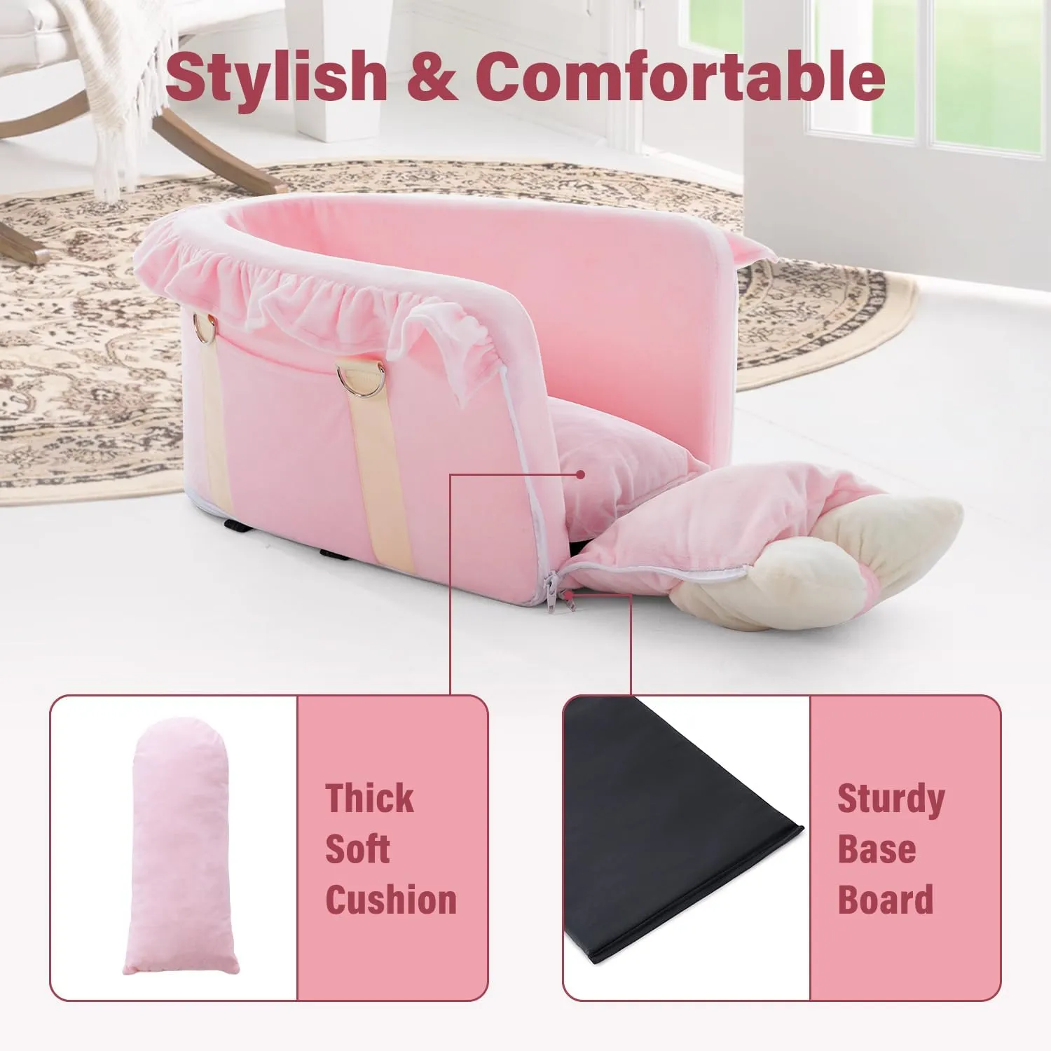 Jaoul Dog Car Seat - Detachable, Adjustable Straps Center Console - Comfortable Bow Design Pet Booster Seat for Small Dogs, Puppy, Cat (Pink)