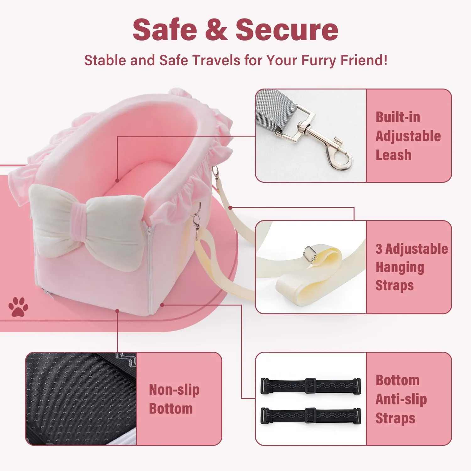 Jaoul Dog Car Seat - Detachable, Adjustable Straps Center Console - Comfortable Bow Design Pet Booster Seat for Small Dogs, Puppy, Cat (Pink)