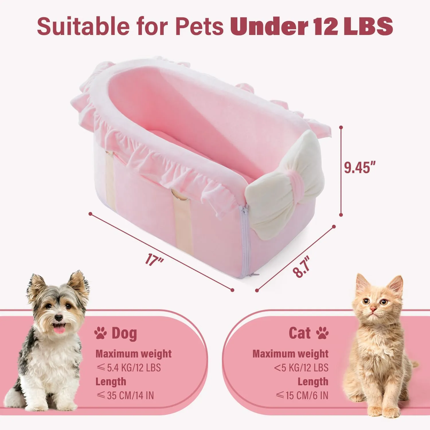 Jaoul Dog Car Seat - Detachable, Adjustable Straps Center Console - Comfortable Bow Design Pet Booster Seat for Small Dogs, Puppy, Cat (Pink)
