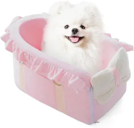 Jaoul Dog Car Seat - Detachable, Adjustable Straps Center Console - Comfortable Bow Design Pet Booster Seat for Small Dogs, Puppy, Cat (Pink)