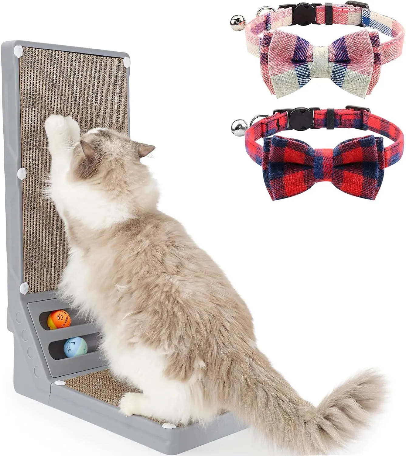 Joytale L Shaped Cat Scratcher and Cat Collar with Bells Set, Interactive Cat Scratching Board with 2 Ball Toys and 2 Pack Breakaway Cat Collars with Bow Tie, Pink Red