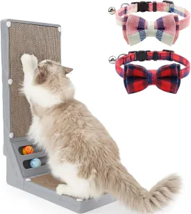 Joytale L Shaped Cat Scratcher and Cat Collar with Bells Set, Interactive Cat Scratching Board with 2 Ball Toys and 2 Pack Breakaway Cat Collars with Bow Tie, Pink Red