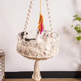 MEWOOFUN Hanging Macrame Cat Hammock Bed, Space Saving Window Perch with Cotton Mat for Indoor Cats