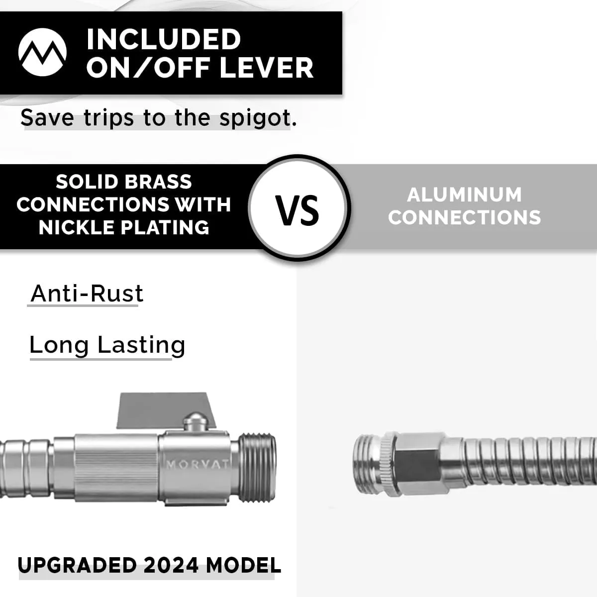 Morvat 10ft Stainless Steel Garden Hose Metal with Brass ON/OFF Valve, Heavy Duty for Nozzle, Water, Yard & Outdoor, Lightweight No-Kink, Crush & Puncture Resistant, Roll of Teflon Tape & 3 Washers