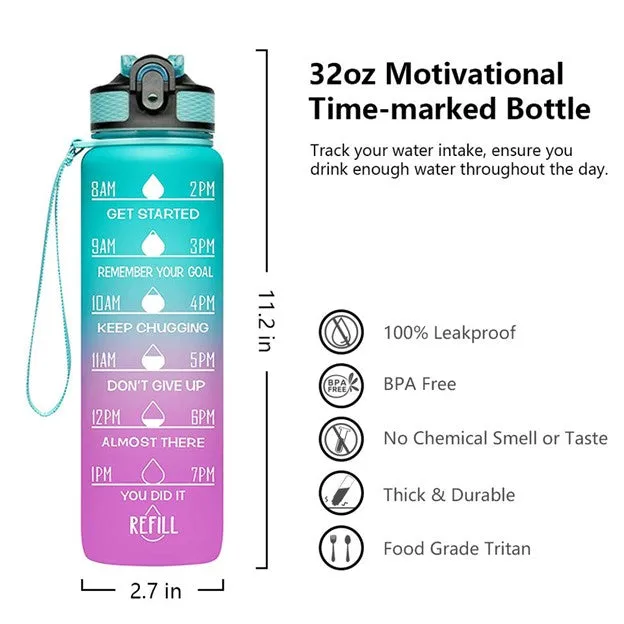 Motivational Water Bottle with Time Marker and Straw, 32 oz, Leakproof & One Hand Operation, Suitable for Fitness, Gym & Outdoor