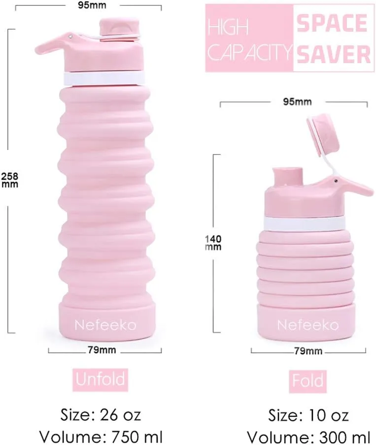 Nefeeko Collapsible Water Bottle, 26oz Silicone Foldable Water Bottles Leakproof BPA Free Travel Water Bottles with Carabiner, Portable Sport Water Bottles for Camping,Hiking Outdoor Indoor Sport