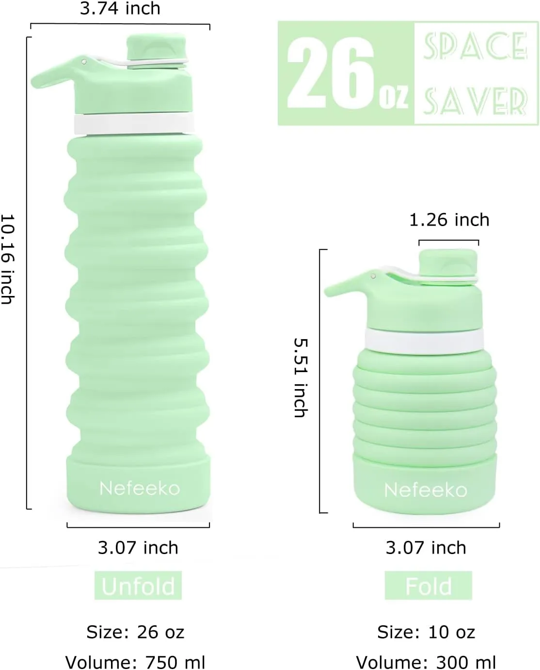 Nefeeko Collapsible Water Bottle, 26oz Silicone Foldable Water Bottles Leakproof BPA Free Travel Water Bottles with Carabiner, Portable Sport Water Bottles for Camping,Hiking Outdoor Indoor Sport