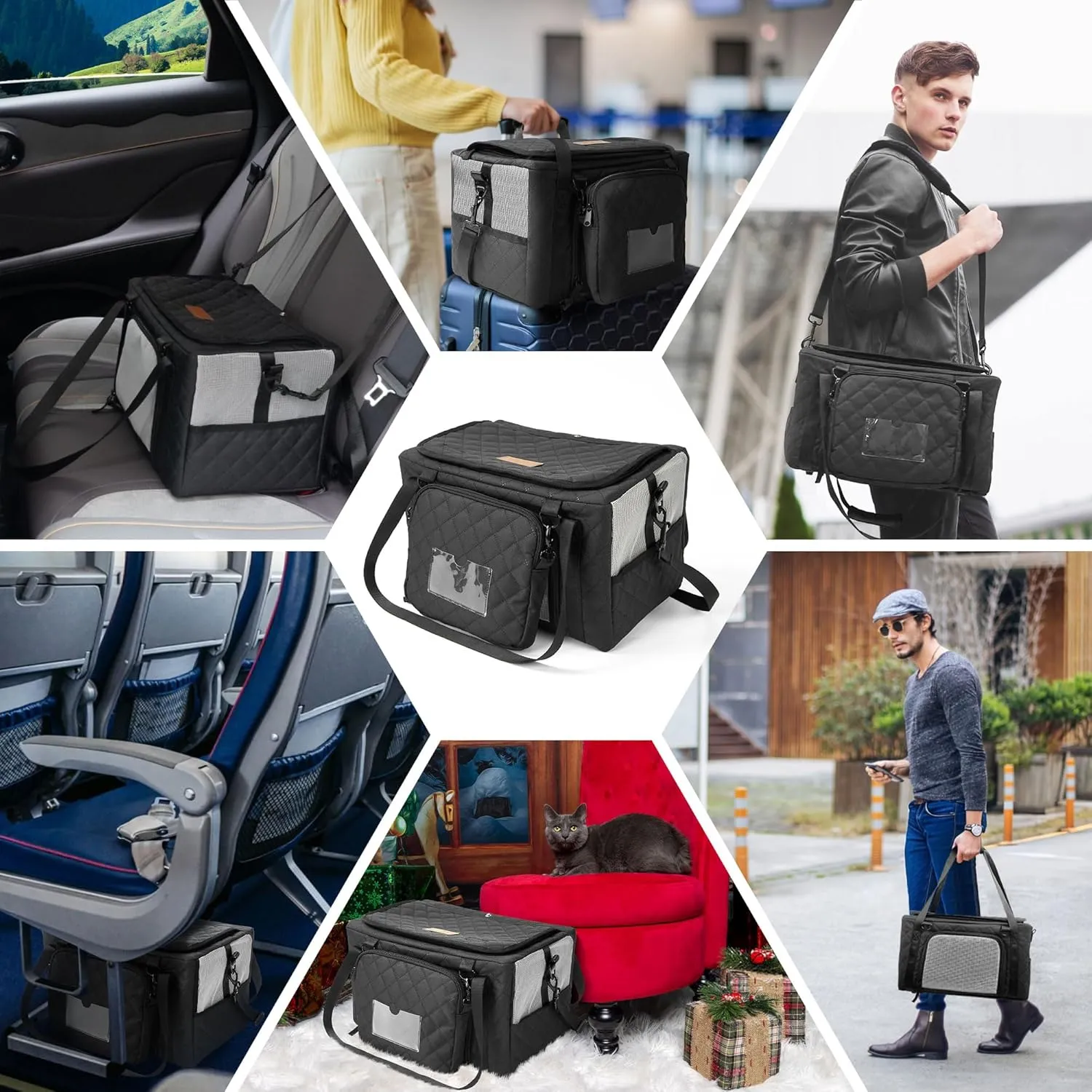 PETUX Collapsible Pet Carrier Airline Approved, 16"x10"x9.5" Soft Cat Carrier for Small Cats Up to 12 Lbs - Top Open Portable Cat Travel Carriers with Anti-Scratch Mesh, Storage Pocket  Leash (Grey)