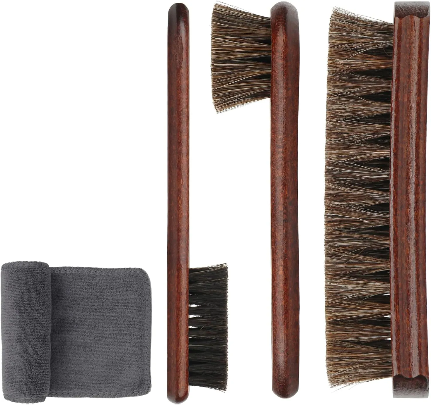 Professional Horse Hair Shoe Brush Kit, 4-Piece Leather Care Cleaning Kit with Polishing Brushes and Microfiber Cloth for Leather, Suede Shoes, Boots, and Bags Cleaning