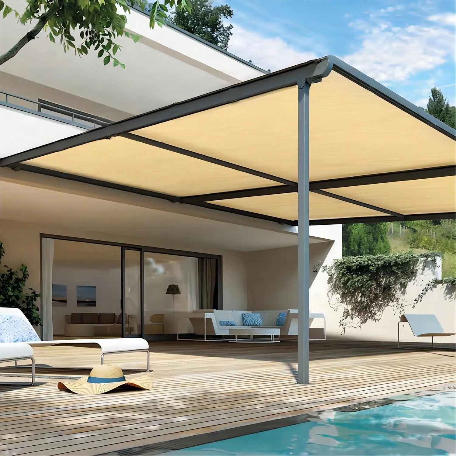 Shatex 90% Shade Fabric 6' x 10' Sun Shade Cloth with Grommets for Pergola Cover Canopy, Wheat, 12 Bungee Balls