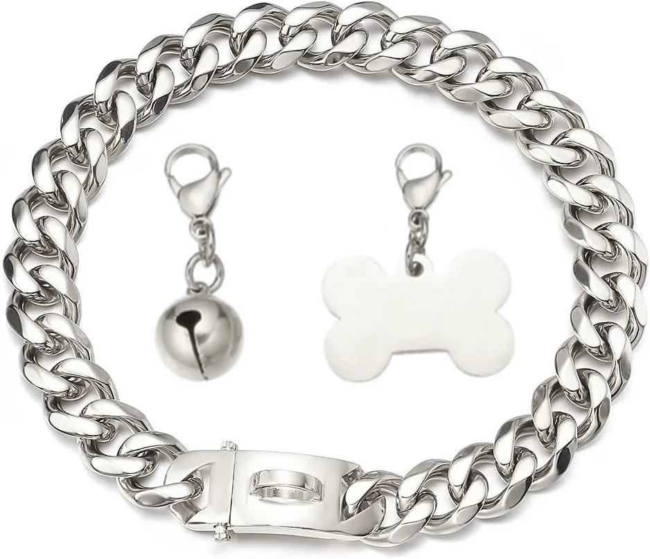 Silver Dog Chain Collar Cuban Link Chain Collar with Design Buckle, Dog ID Tag and Bell 15mm/19mm Strong Heavy Metal Stainless Steel Chain Dog Collar 10-26inch(15mm,10inch)