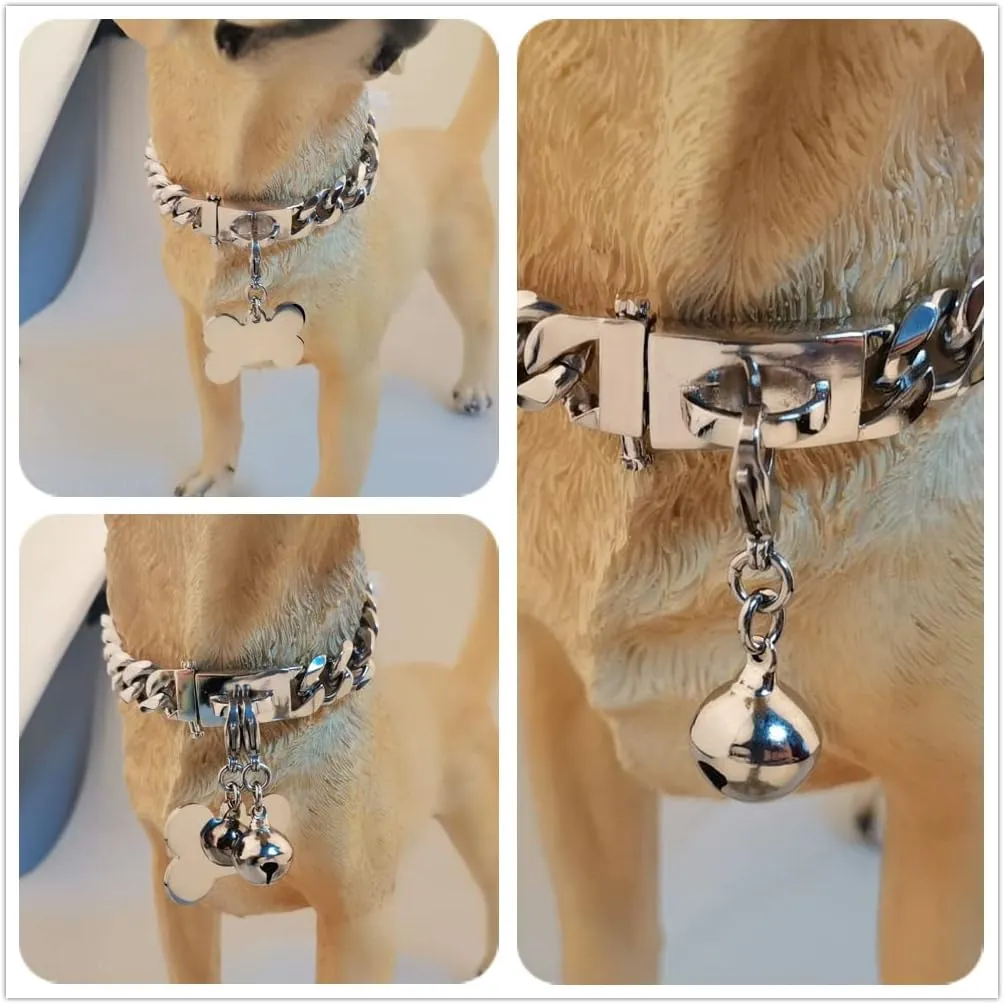 Silver Dog Chain Collar Cuban Link Chain Collar with Design Buckle, Dog ID Tag and Bell 15mm/19mm Strong Heavy Metal Stainless Steel Chain Dog Collar 10-26inch(15mm,10inch)