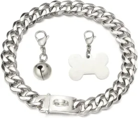 Silver Dog Chain Collar Cuban Link Chain Collar with Design Buckle, Dog ID Tag and Bell 15mm/19mm Strong Heavy Metal Stainless Steel Chain Dog Collar 10-26inch(15mm,10inch)