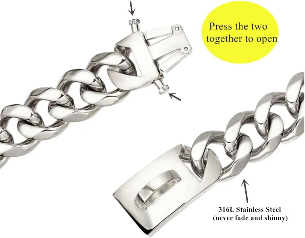 Silver Dog Chain Collar Cuban Link Chain Collar with Design Buckle, Dog ID Tag and Bell 15mm/19mm Strong Heavy Metal Stainless Steel Chain Dog Collar 10-26inch(15mm,10inch)