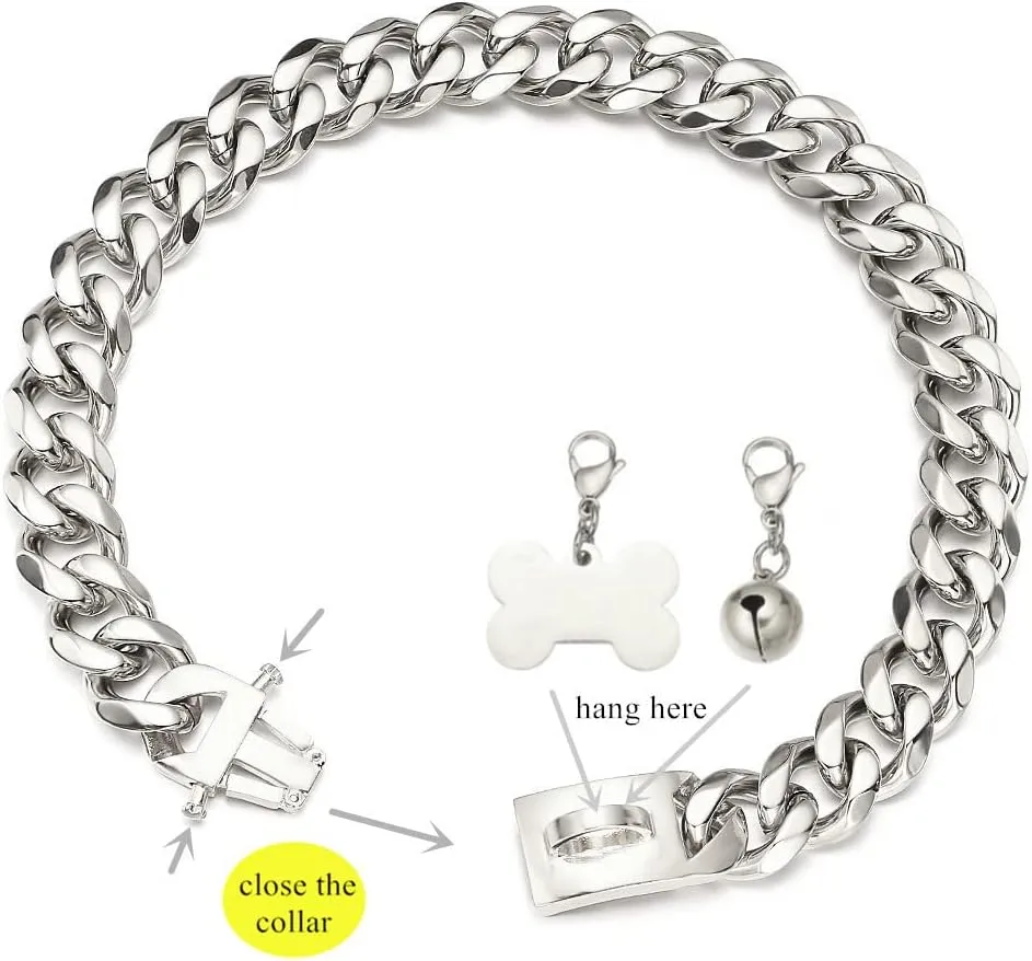 Silver Dog Chain Collar Cuban Link Chain Collar with Design Buckle, Dog ID Tag and Bell 15mm/19mm Strong Heavy Metal Stainless Steel Chain Dog Collar 10-26inch(15mm,10inch)