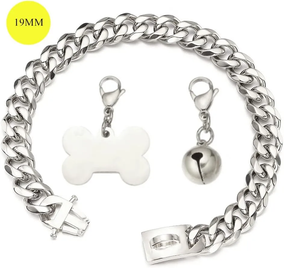 Silver Dog Chain Collar Cuban Link Chain Collar with Design Buckle, Dog ID Tag and Bell 15mm/19mm Strong Heavy Metal Stainless Steel Chain Dog Collar 10-26inch(15mm,10inch)