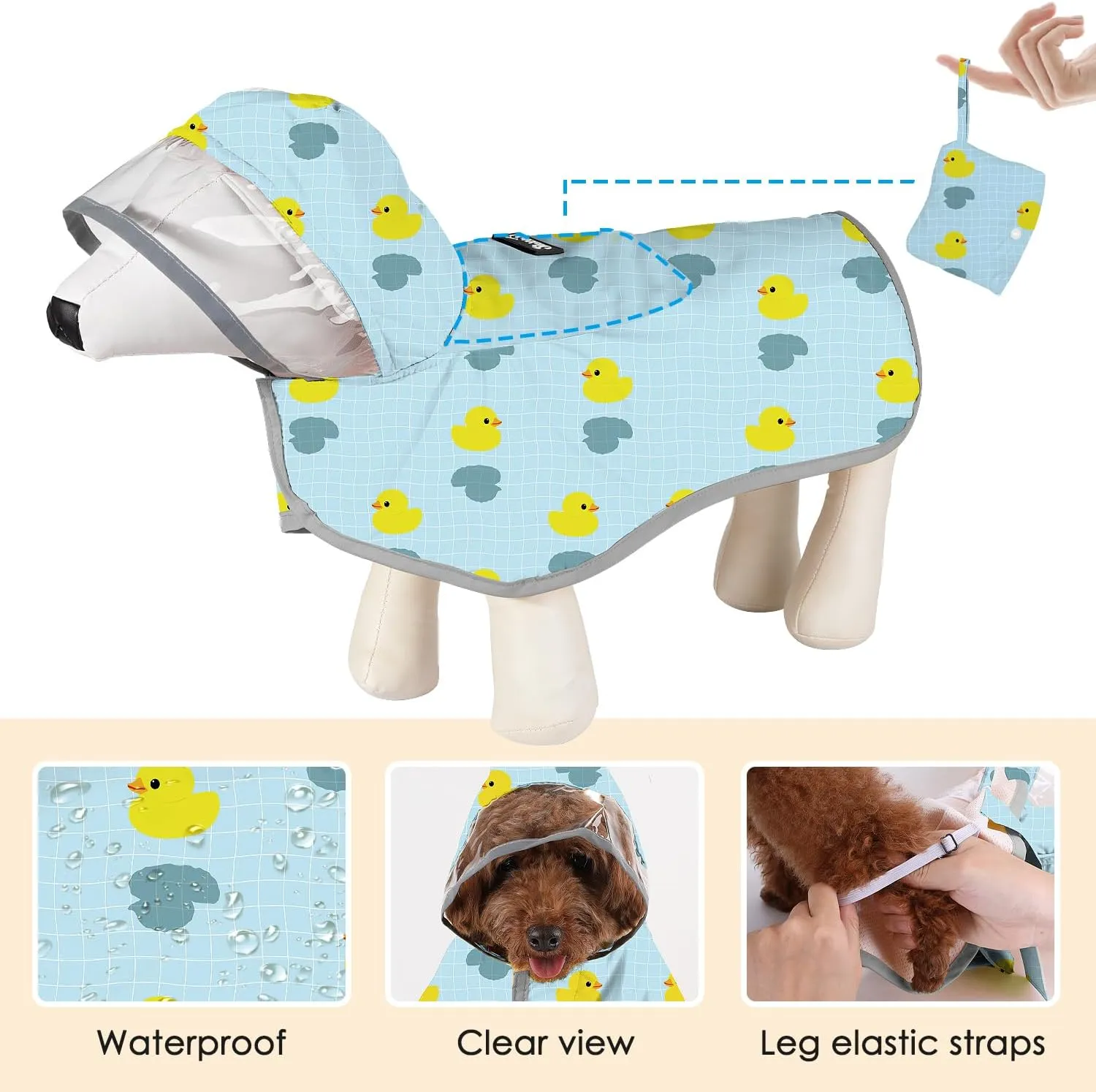 SlowTon Dog Raincoat, Adjustable Dog Rain Jacket Clear Hooded Double Layer, Waterproof Poncho with Reflective Strip Straps and Storage Pocket for Small Medium Large Dogs Puppies(DK XS)