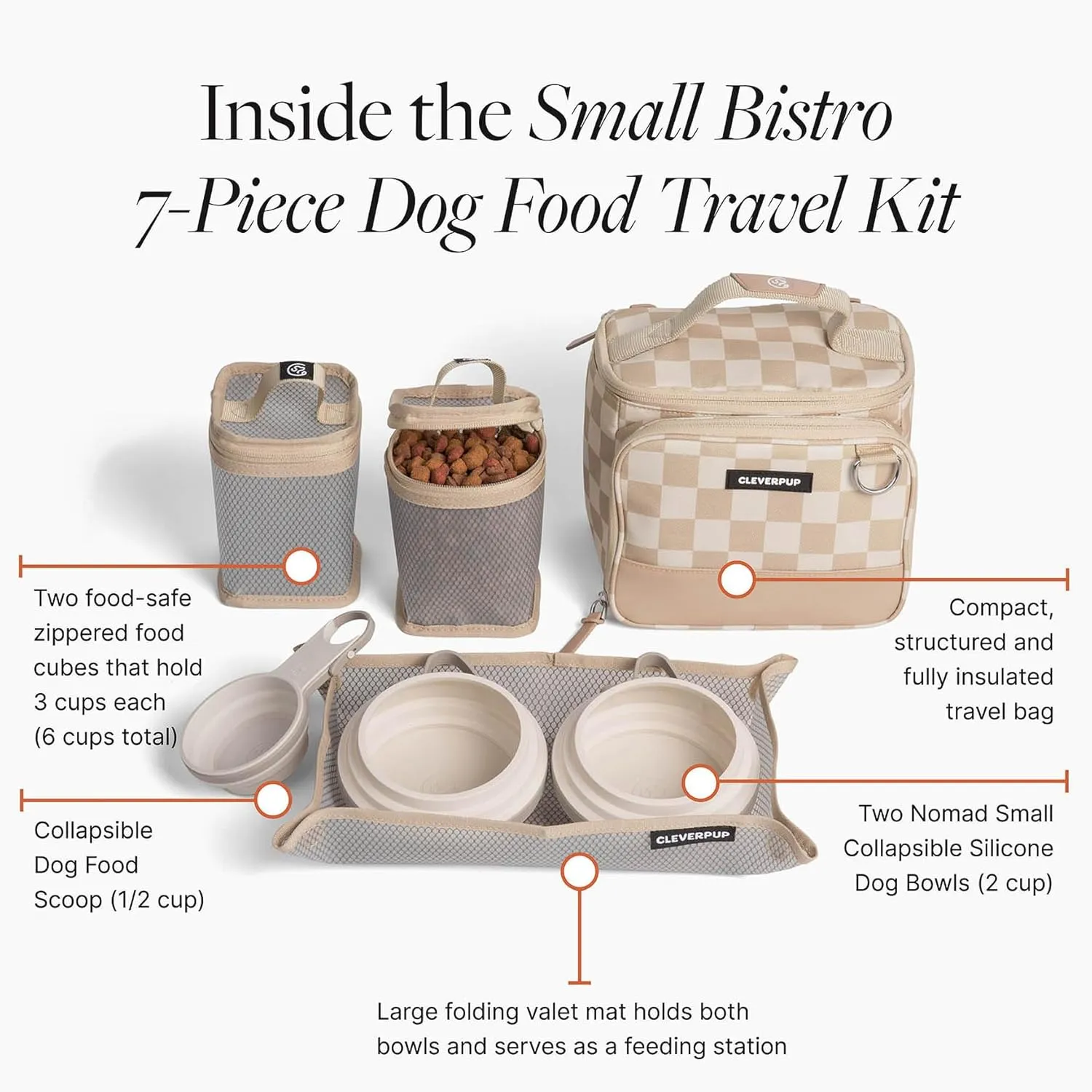 Small 7-Piece Bistro Box Dog Food Travel Kit, 6-Cup Kibble Storage, 2 Silicone Bowls, Mat & Scoop - Premium Portable Pet Food Kit for Weekends, Overnights, Daycare & Camping, Checkerboard