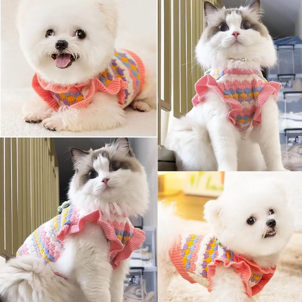 Small Dog Sweater, Knitted Tulip Cat Sweater, Warm Thick Holiday Puppy Clothes for Small Dog Girl,Cold Weather Outfit for Kitten Chihuahua Yorkie Teacup Dachshund Pug (Pink, Medium)