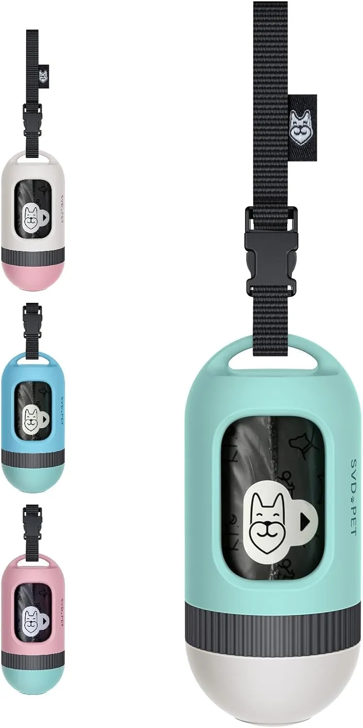 SVD.PET Dog Poop Bag Dispenser, Retractable Dog Waste Bag Holder for Leash, Pet Poop Bag Holder with 15 Bags, Dog Walking Accessory (Jade/White)