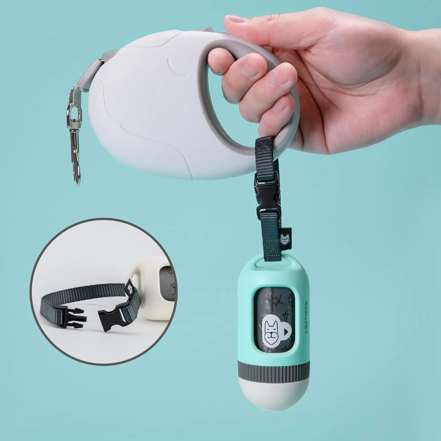 SVD.PET Dog Poop Bag Dispenser, Retractable Dog Waste Bag Holder for Leash, Pet Poop Bag Holder with 15 Bags, Dog Walking Accessory (Jade/White)