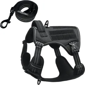 Tactical Dog Harness with Leash for Medium Large Dogs, Dog Car Leash Seat Belt with 5.5Ft No Pull Shock Absorbing, Leash Set with ID Card (Black, M)