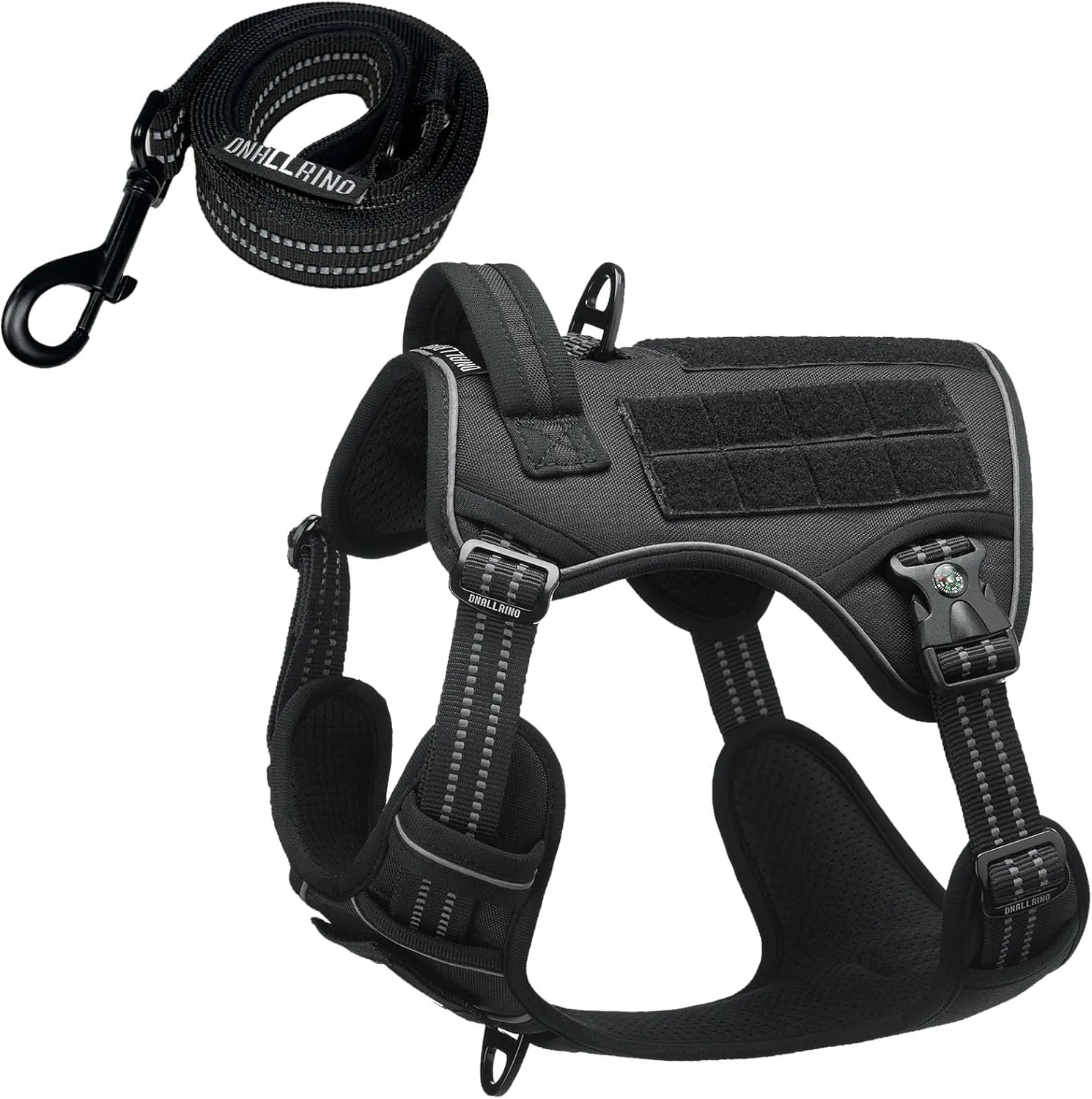Tactical Dog Harness with Leash for Medium Large Dogs, Dog Car Leash Seat Belt with 5.5Ft No Pull Shock Absorbing, Leash Set with ID Card (Black, M)