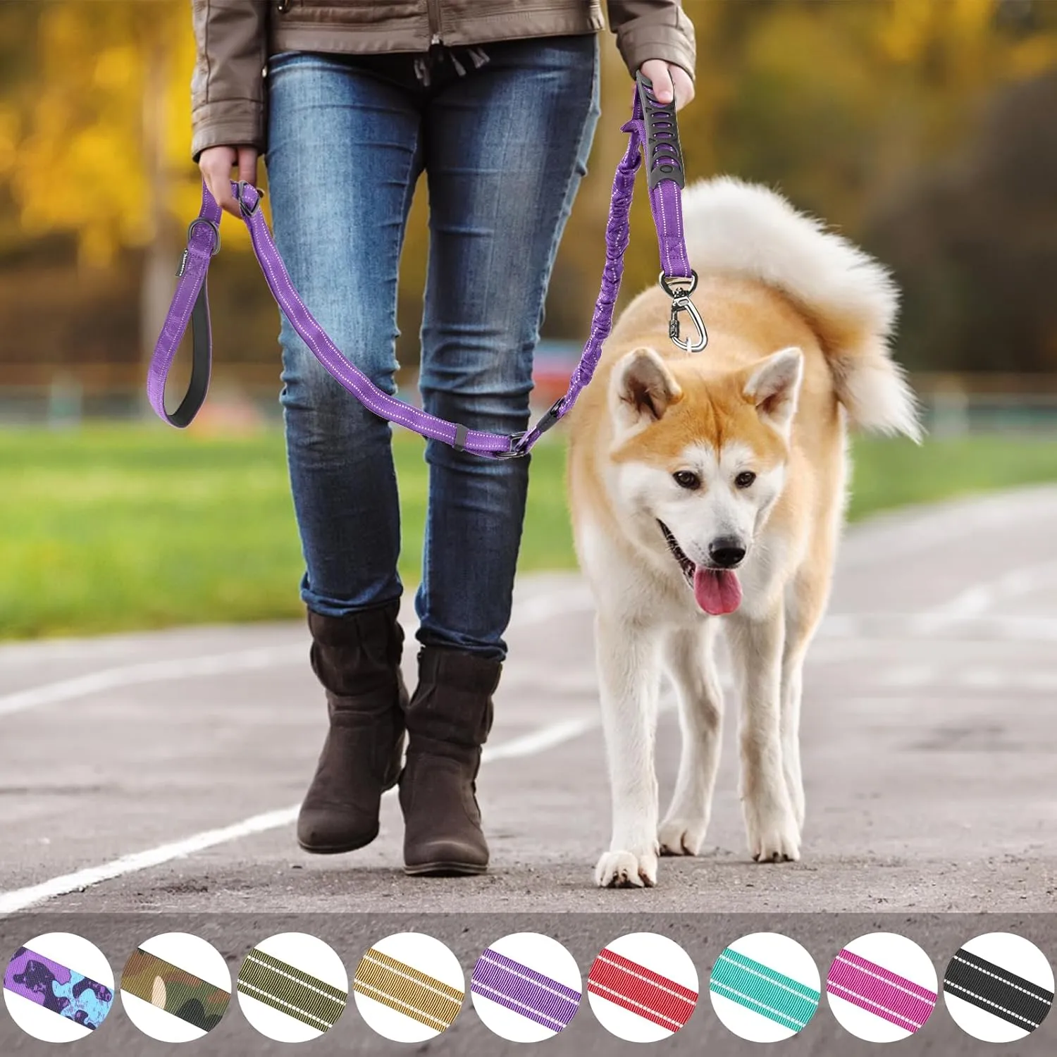 Tactical Dog Leash Heavy Duty, 4-6FT Shock Absorbing Bungee Dog Leash, Reflective Military Strong No Pull Dog Leash with 2 Padded Handle and Car Seatbelt for Medium Large Dogs, Purple