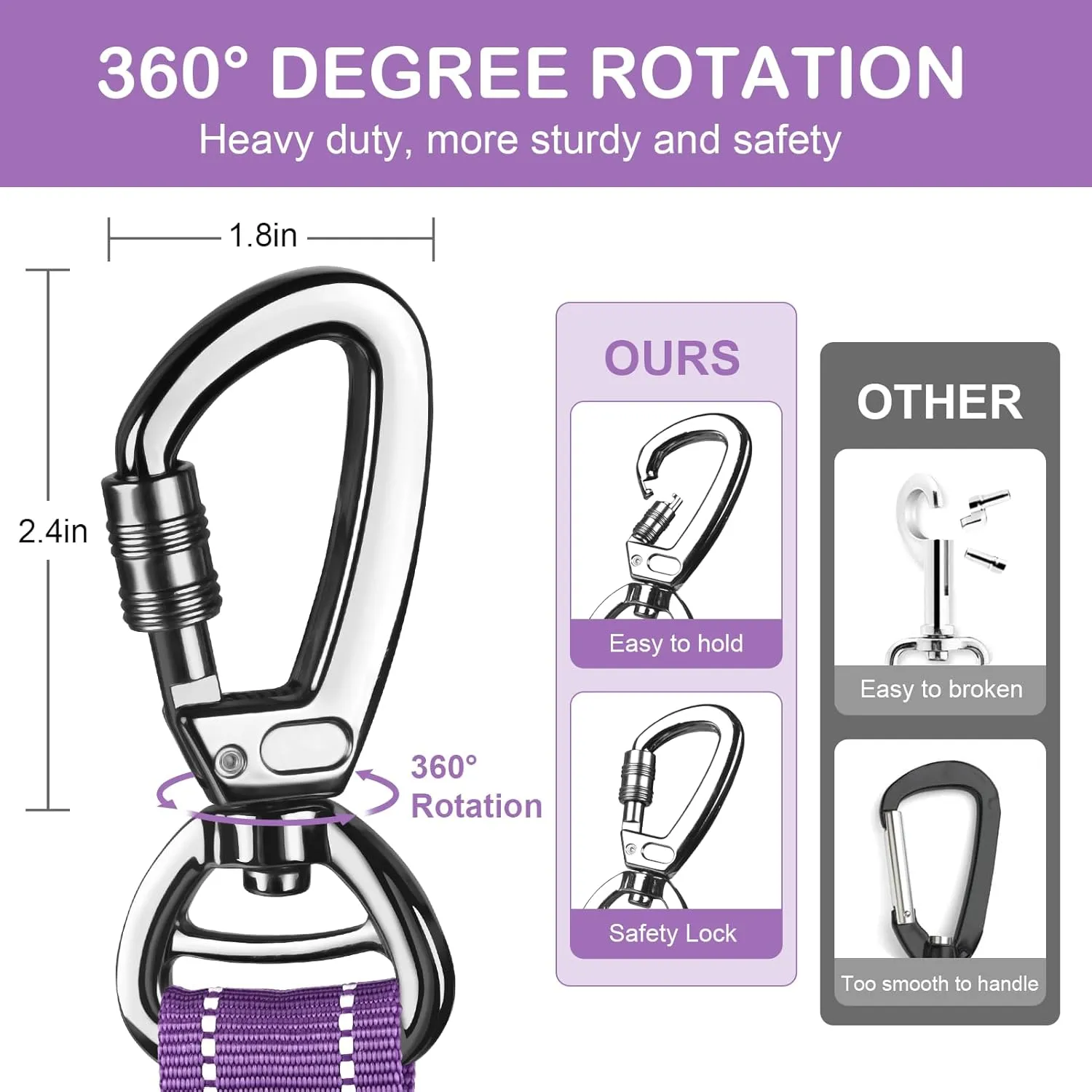 Tactical Dog Leash Heavy Duty, 4-6FT Shock Absorbing Bungee Dog Leash, Reflective Military Strong No Pull Dog Leash with 2 Padded Handle and Car Seatbelt for Medium Large Dogs, Purple