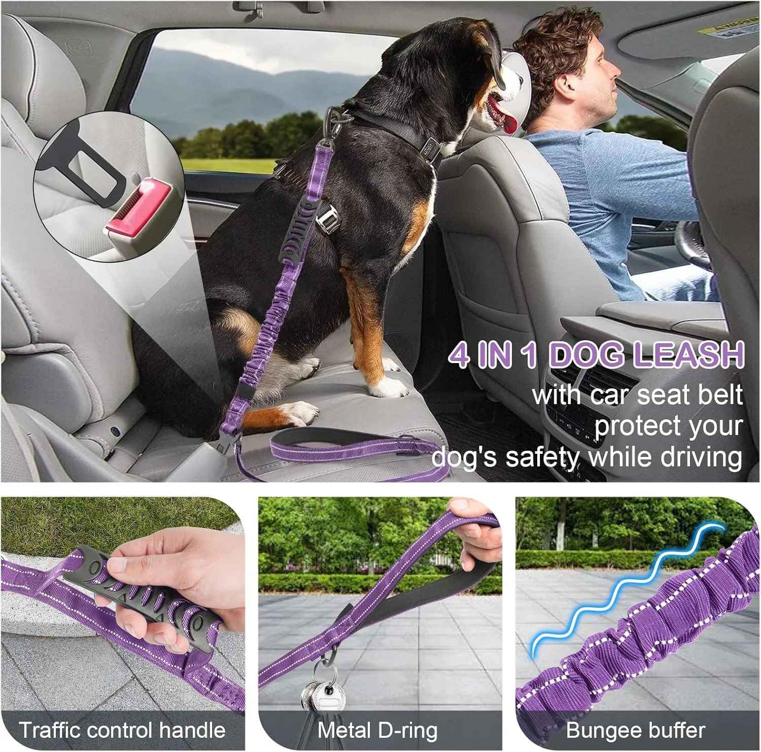Tactical Dog Leash Heavy Duty, 4-6FT Shock Absorbing Bungee Dog Leash, Reflective Military Strong No Pull Dog Leash with 2 Padded Handle and Car Seatbelt for Medium Large Dogs, Purple