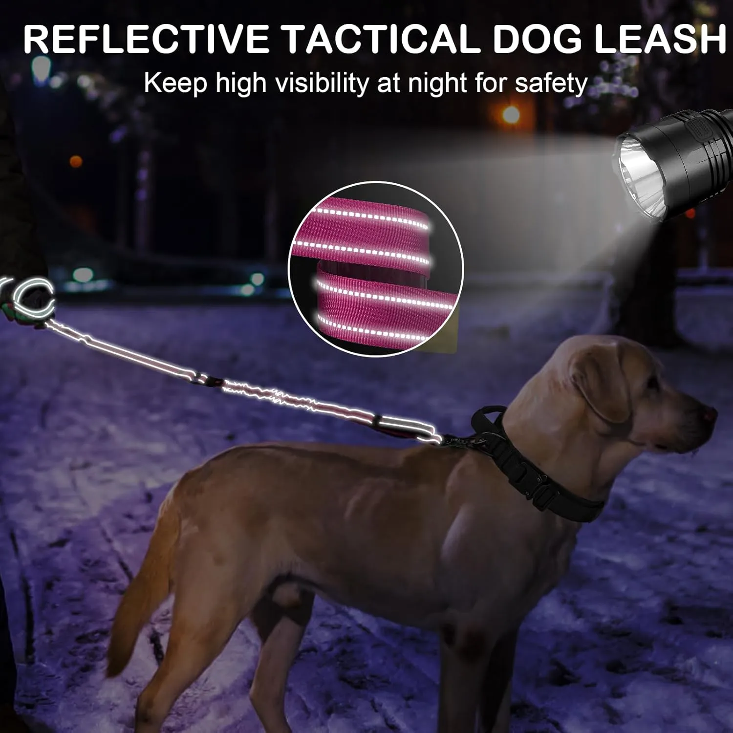 Tactical Dog Leash Heavy Duty, 4-6FT Shock Absorbing Bungee Dog Leash, Reflective Military Strong No Pull Dog Leash with 2 Padded Handle and Car Seatbelt for Medium Large Dogs, Purple