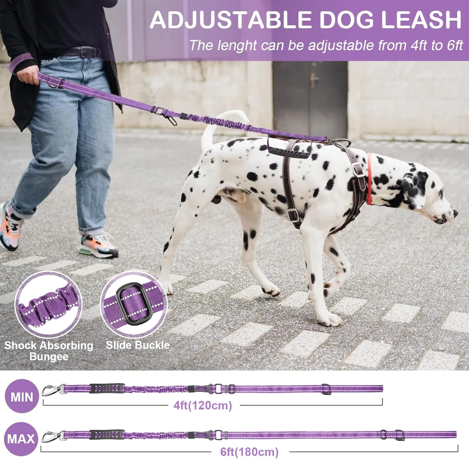 Tactical Dog Leash Heavy Duty, 4-6FT Shock Absorbing Bungee Dog Leash, Reflective Military Strong No Pull Dog Leash with 2 Padded Handle and Car Seatbelt for Medium Large Dogs, Purple