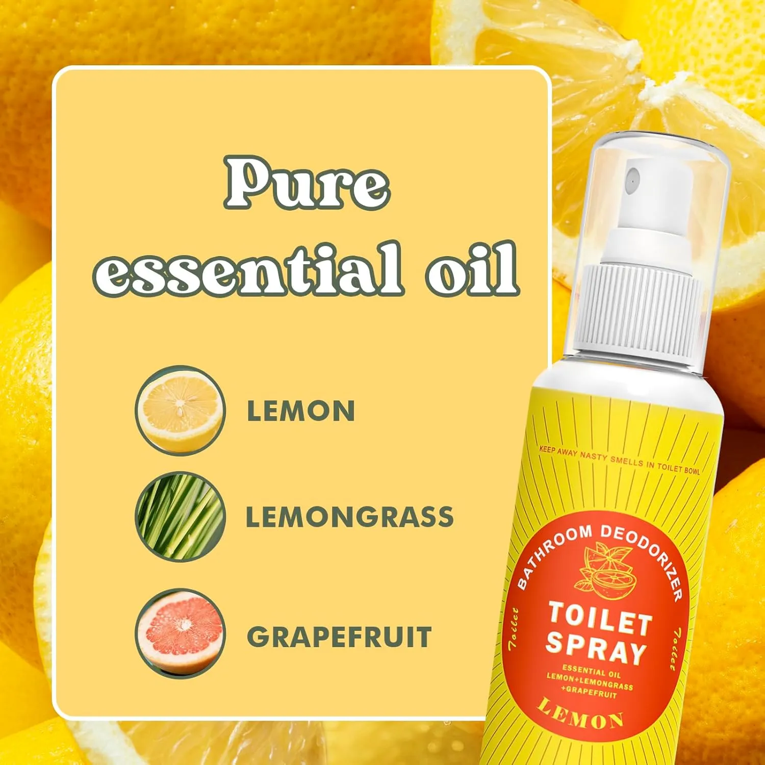 Toilet Spray for Poop Lemon, 100% Natural Plant Essential Oil, Bathroom Spray Odor Eliminator, 2 Pack Each 2 Fl Oz
