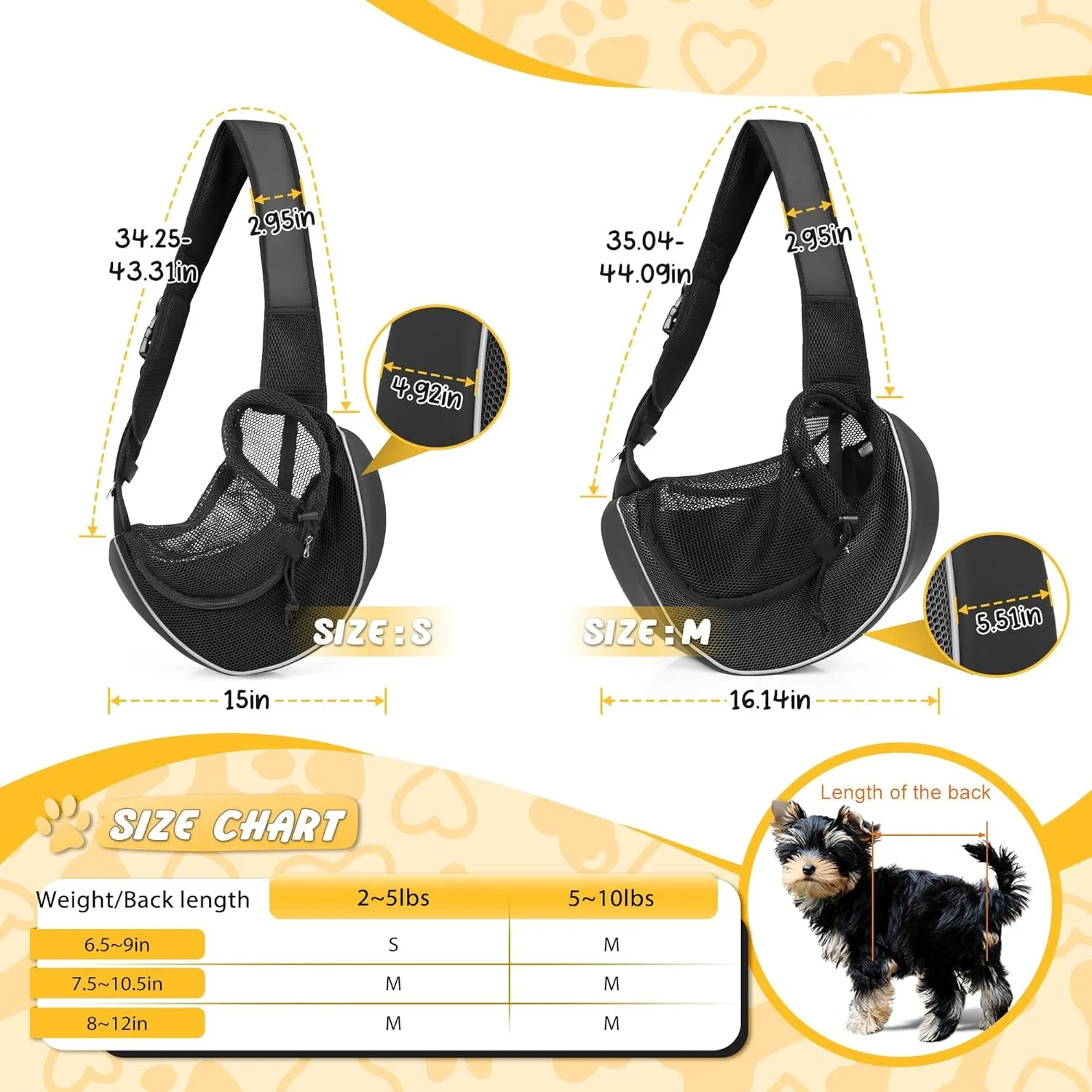 Upgraded Breathable Mesh Dog Sling Carrier for Small Dogs & Cats Up to 10 lbs- Detachable Hard Bottom, Adjustable Strap & Large Pocket - Hands-Free Pet Carrier for Travel Walking Hiking (Black Size M)