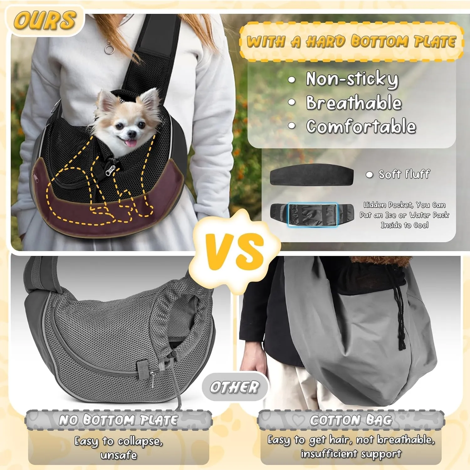 Upgraded Breathable Mesh Dog Sling Carrier for Small Dogs & Cats Up to 10 lbs- Detachable Hard Bottom, Adjustable Strap & Large Pocket - Hands-Free Pet Carrier for Travel Walking Hiking (Black Size M)