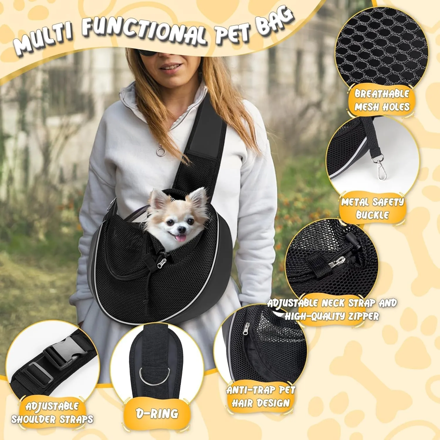 Upgraded Breathable Mesh Dog Sling Carrier for Small Dogs & Cats Up to 10 lbs- Detachable Hard Bottom, Adjustable Strap & Large Pocket - Hands-Free Pet Carrier for Travel Walking Hiking (Black Size M)