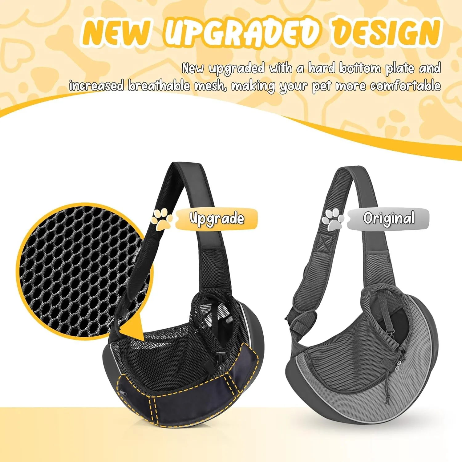 Upgraded Breathable Mesh Dog Sling Carrier for Small Dogs & Cats Up to 10 lbs- Detachable Hard Bottom, Adjustable Strap & Large Pocket - Hands-Free Pet Carrier for Travel Walking Hiking (Black Size M)