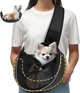 Upgraded Breathable Mesh Dog Sling Carrier for Small Dogs & Cats Up to 10 lbs- Detachable Hard Bottom, Adjustable Strap & Large Pocket - Hands-Free Pet Carrier for Travel Walking Hiking (Black Size M)