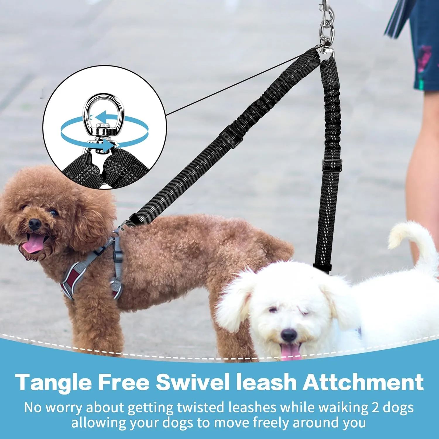 YAODHAOD Double Dog Leash, No Tangle 360 Swivel Rotation Reflective Lead, Adjustable Length Bungee Heavy Duty Walking Training Dual Dog Leash Extension (Black)