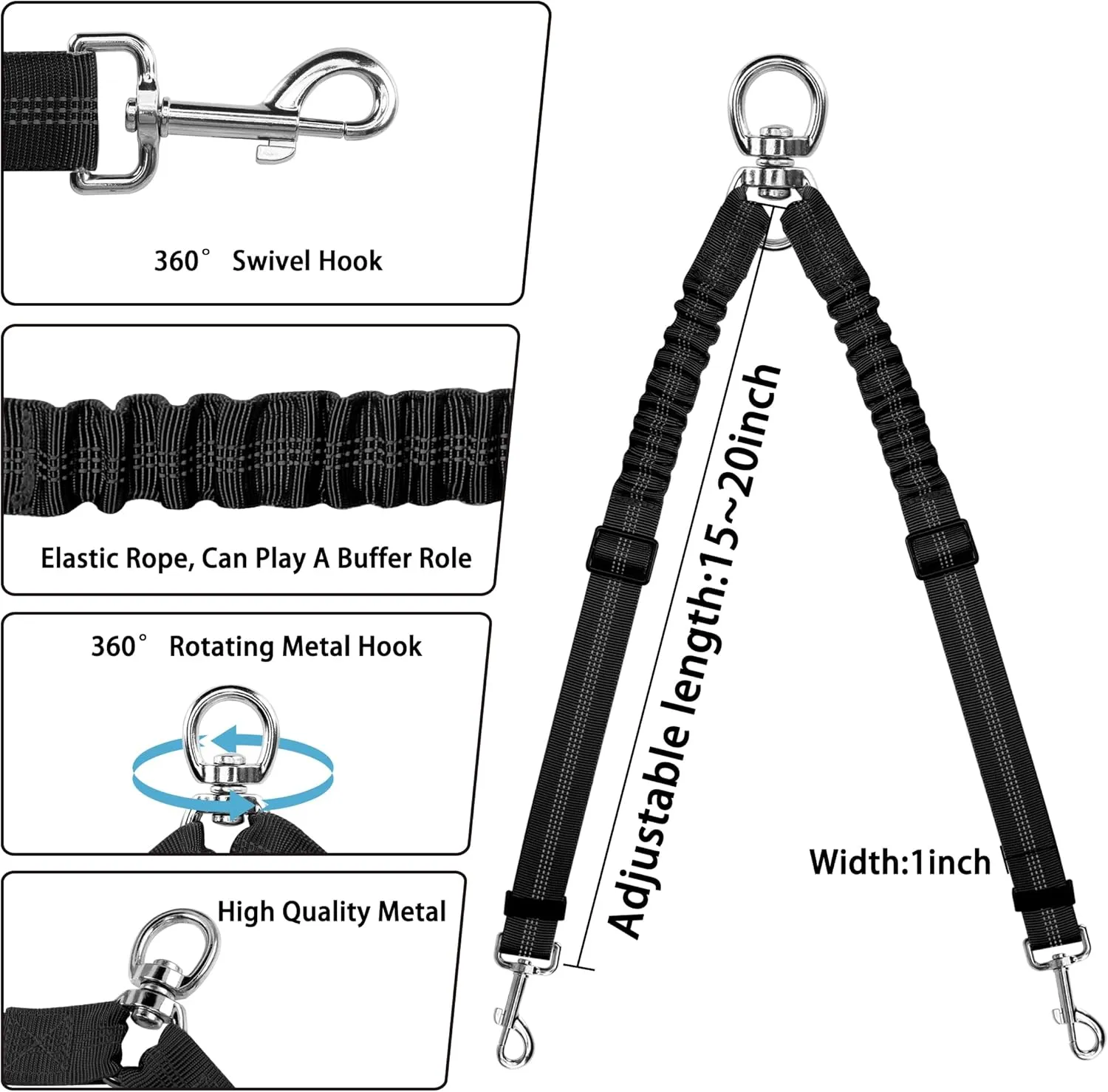 YAODHAOD Double Dog Leash, No Tangle 360 Swivel Rotation Reflective Lead, Adjustable Length Bungee Heavy Duty Walking Training Dual Dog Leash Extension (Black)