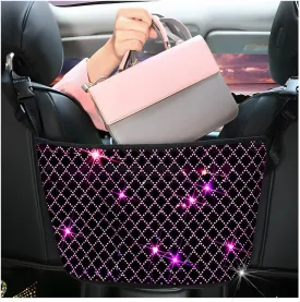 zipelo Bling Car Net Pocket Handbag Holder, Rhinestone Vehicle Backseat Purse Organizer Between Seats, Diamond Hanging Storage Bag Barrier of Pet Kids, Universal Automotive Accessories (Pink)